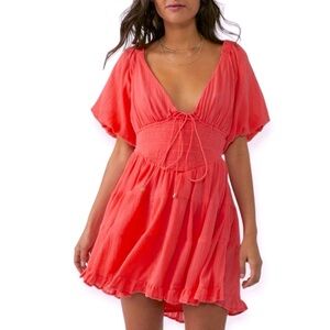 FREE PEOPLE Perfect Day Mini Dress Watermelon Puff Sleeve Lace Up Back NWT